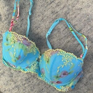 Vintage Lejaby 32 BLUE ROSE romantic underwire bralette turqoise with embroidery